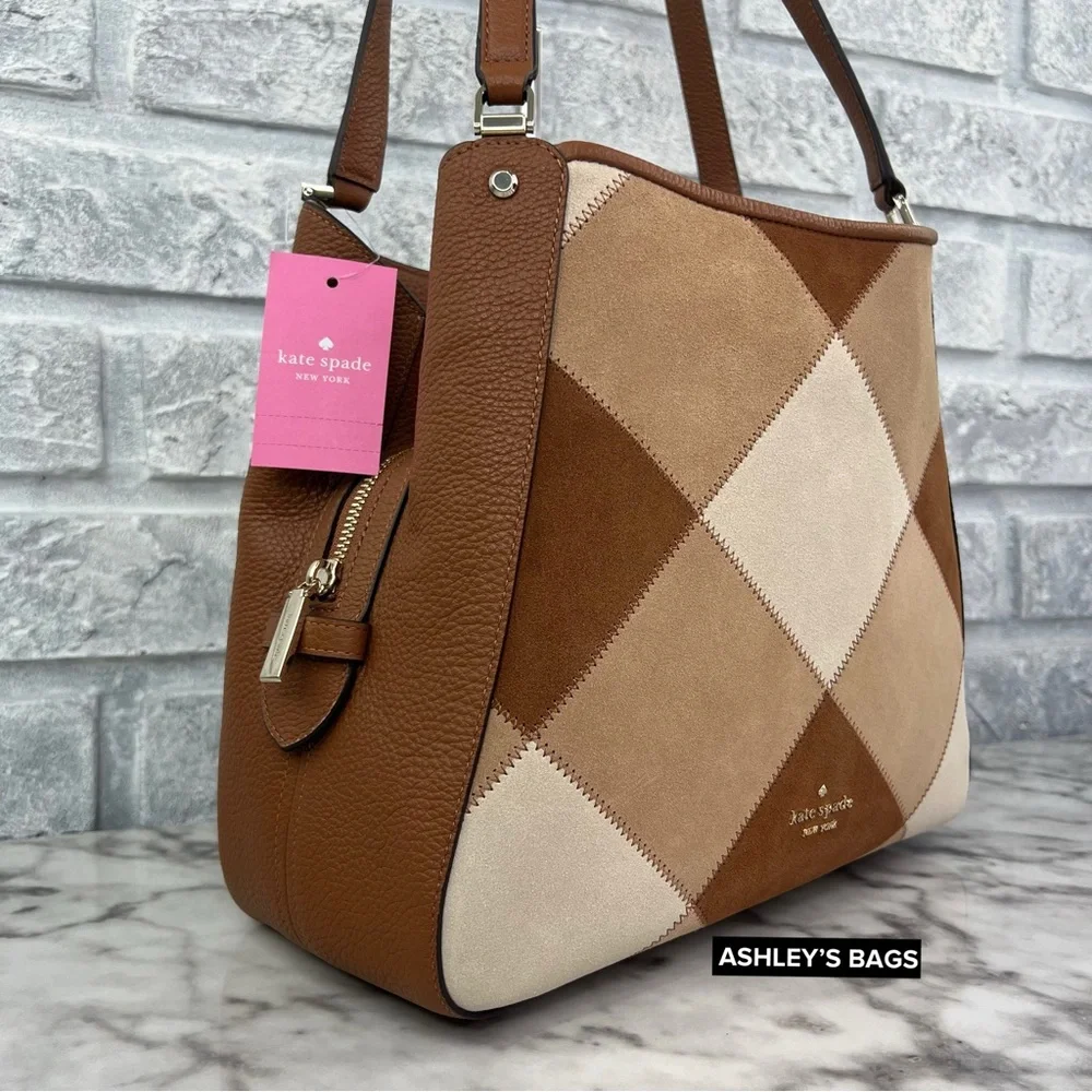 Kate Spade Leila Medium Patchwork Suede Triple Compartment Shoulder Bag Tote - Picture 2 of 9